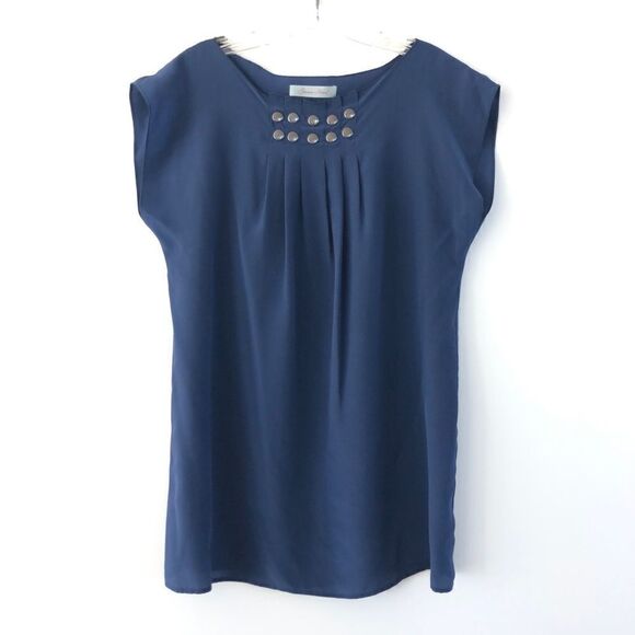Geren Ford Pleats & Studs Sleeveless Silk Blouse In Navy - Picture 1 of 11